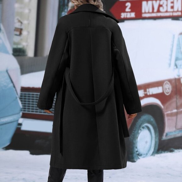 Women's Double Breasted Lapel Neck Belted jacket Overcoat Black - Picture 2 of 6